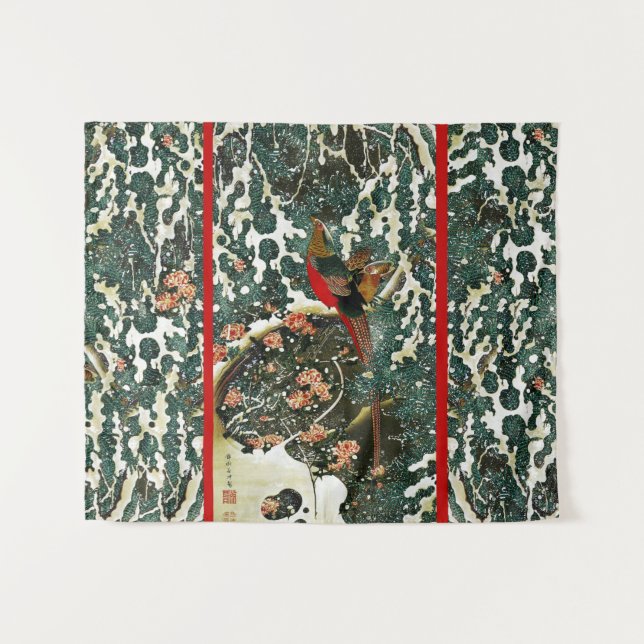 Tenture Pheasants à Snow, Pine Tree, Roses, Japanese Flora (Devant (Horizontal))