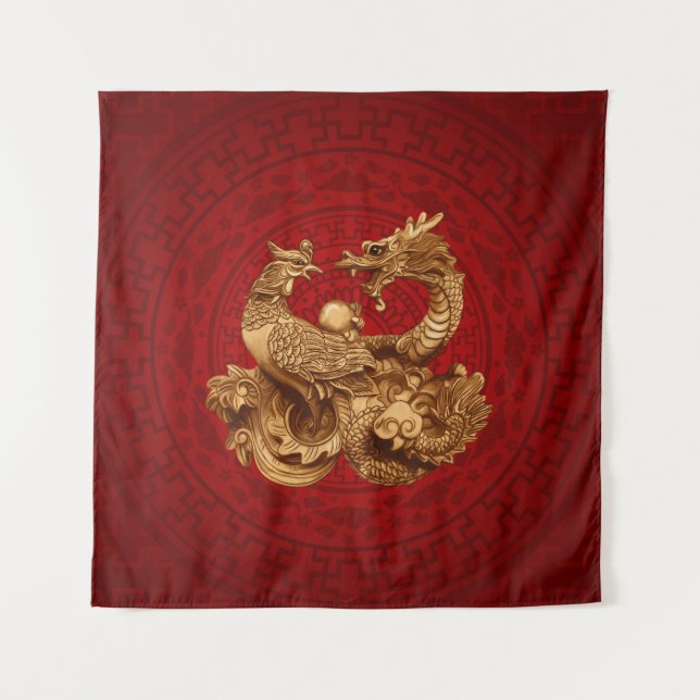 Tenture Phoenix et Dragon en rouge (Devant)
