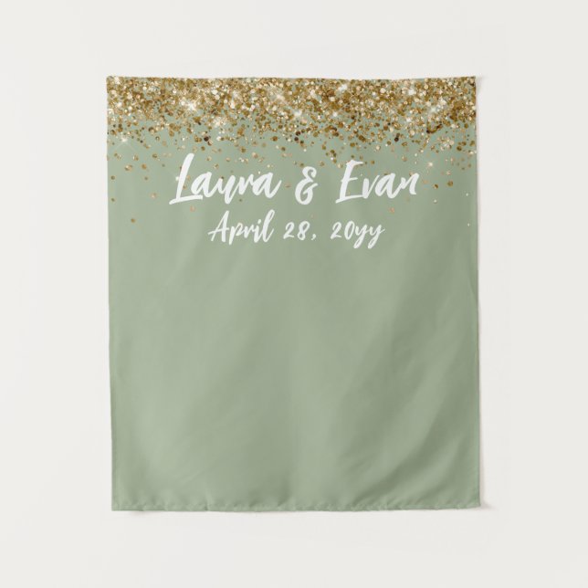 Tenture Photo Booth Prop Mariage en or Sage Vert Personnal (Devant)