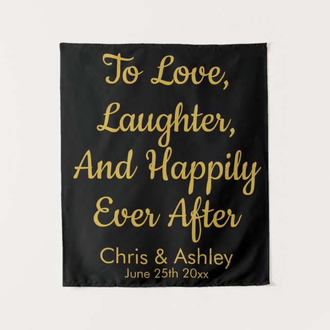 Tenture Photo Booth Prop Mariage noir et or personnalisé (Devant)