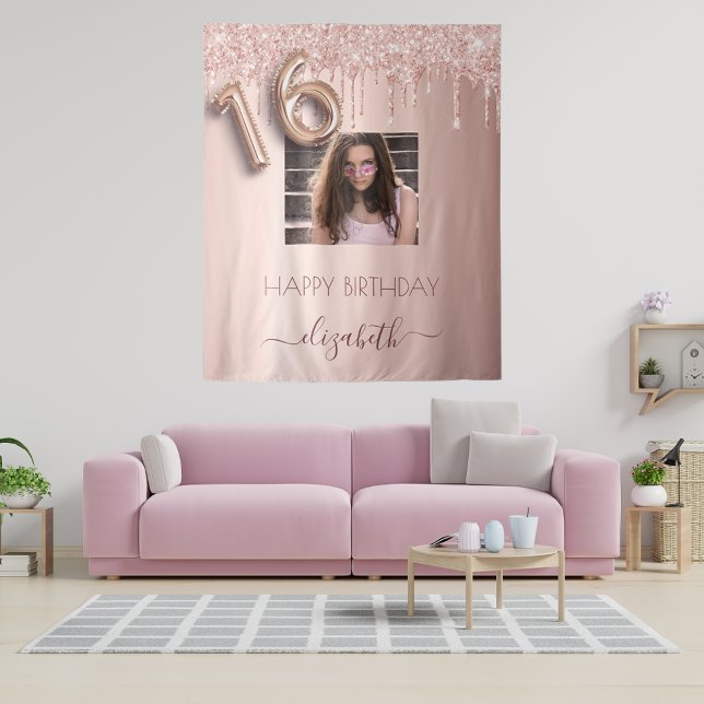 Tenture photo de fête des 16 ans rose gold pailleté rose (Créateur téléchargé)
