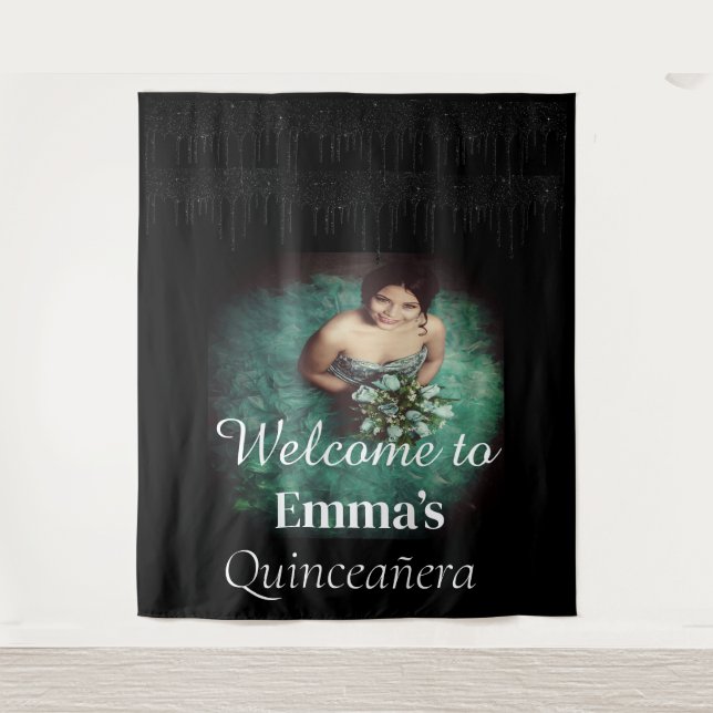 Tenture Photo de la Quinceañera noire Bienvenue à la fête  (Devant)
