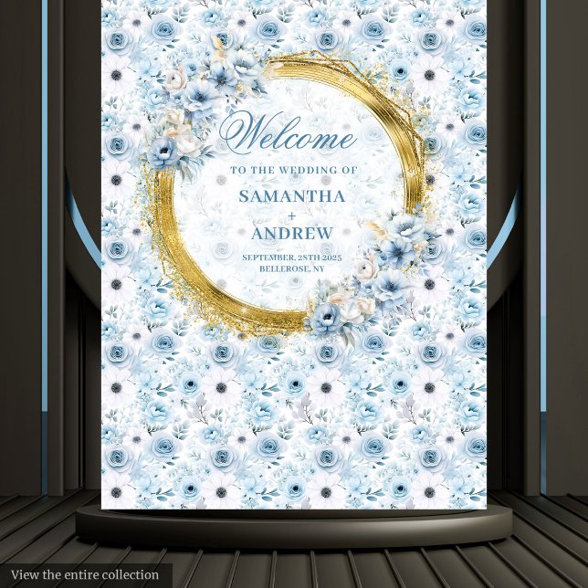 Tenture Photo de mariage classique aquarelle bleu poussiér (Classic Watercolor Dusty Blue Gold Wedding Photo Tapestry)