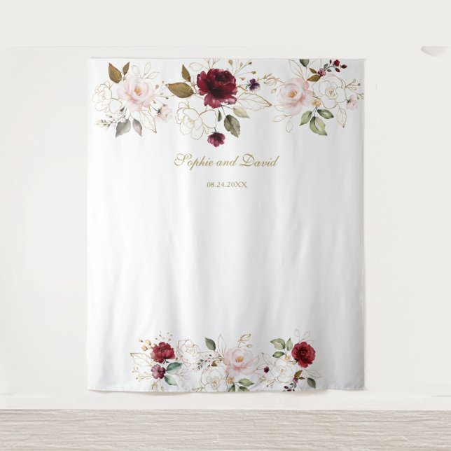 Tenture Photobooth de mariage floral or et rose Bourgogne (Devant)