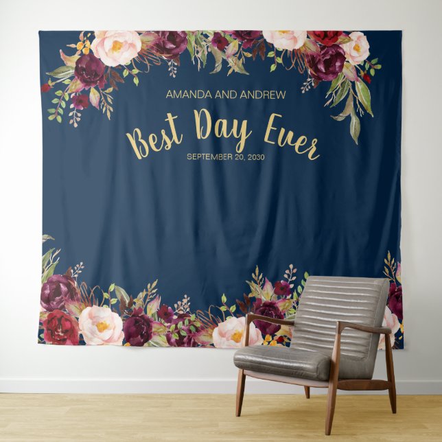 Tenture Photobooth Mariage Fleurs Bordeaux Or Marine (En situation (horizontale))