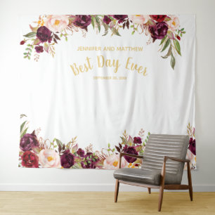 Tenture Photobooth Mariage Floral Bourgogne Or