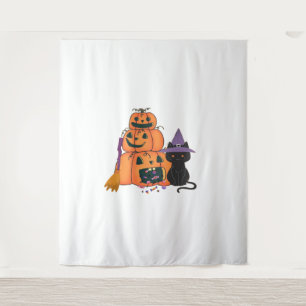 Tenture Pile Citrouille d'Halloween avec chat noir, bonbon