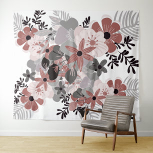 Tenture Piment Rouge Rose et Floral Boho Gris