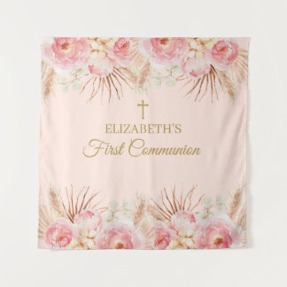 Tenture Pink Floral First Communion Backdrop banner