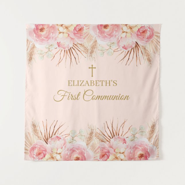 Tenture Pink Floral First Communion Backdrop banner (Devant)