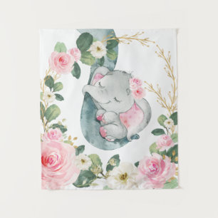 Tenture Pink Gold Floral Greenery Elephant Baby Nursery