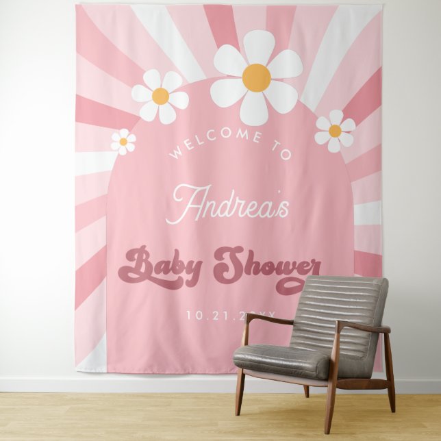 Tenture Pink Super Daisy Retro les années 70 Baby shower f (En situation)