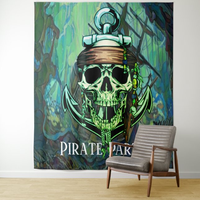 Tenture Pirate Party Crâne Capitaine Green Ghost Ship (En situation)