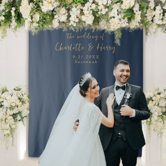 Tenture Plan photo minimaliste de Mariage bleu et or de la