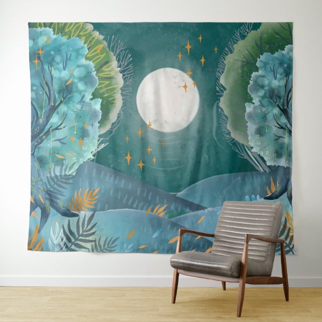 Tenture Pleine lune de nuit de la forêt de Woodland Paysag (En situation (horizontale))