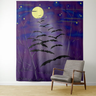 Tenture Pleine Lune Jaune Étoiles Chauves-Souris Volantes