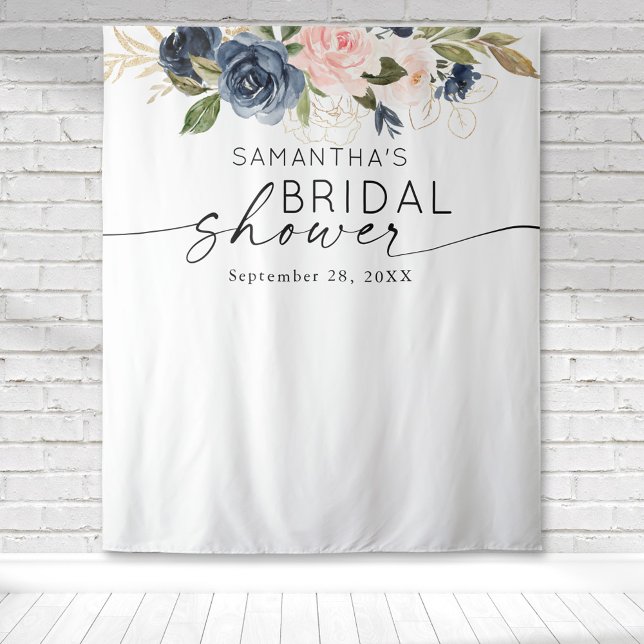Tenture Pluie de mariage rose marine aquarelle florale (Pink peony floral botanical gold watercolor design on this bridal shower tapestry backdrop.)