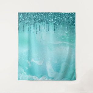 Tenture Pluie de Parties scintillant turquoise sur marbre 