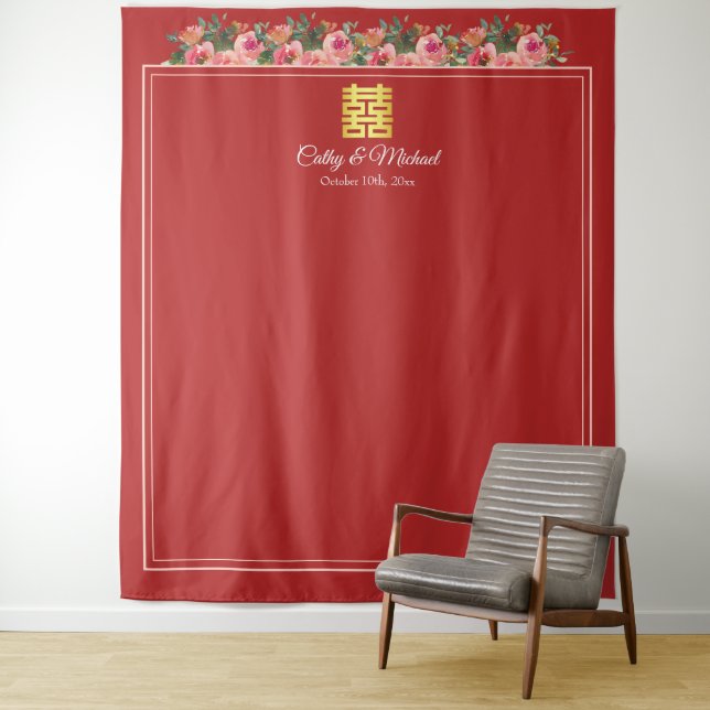 Tenture Pony rose rouge moderne mariage chinois toile de f (En situation)