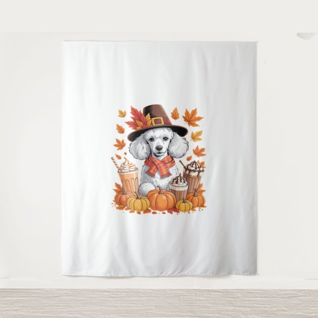 Tenture Poodle Thanksgiving Boissons Café Automne Feuilles (Devant)