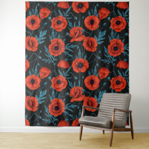 Tenture Poppies, rouge et bleu sur noir