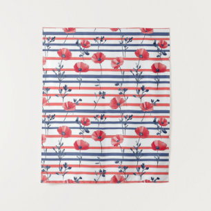 Tenture Poppies rouges avec Feuilles bleus et Motif rayé 2