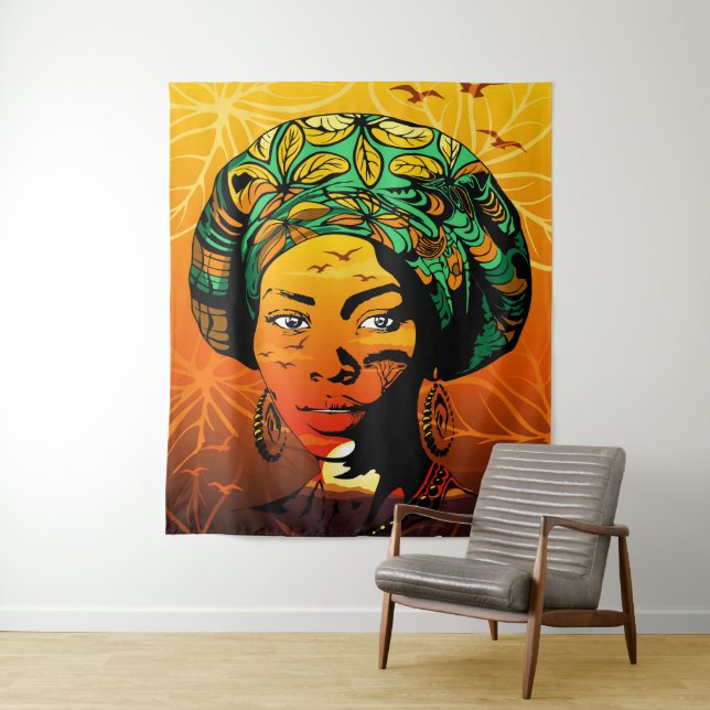 Tenture Portrait féminin africain avec coucher de soleil (En situation)