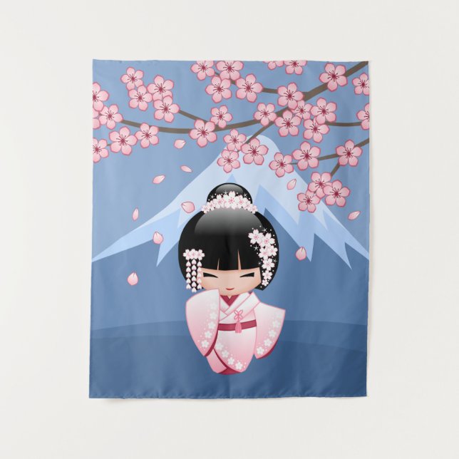 Tenture Poupée blanche Kimono Kokeshi - mignonne Geisha Gi (Devant)