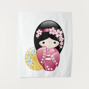 Tenture Poupée Kokeshi de printemps - Jolie fille geisha j
