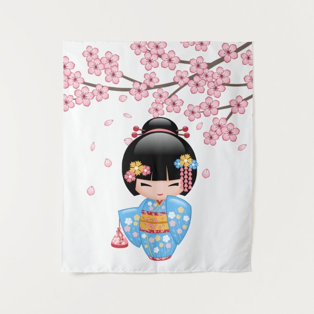 Tenture Poupée Maiko Kokeshi - Blue Kimono Geisha Girl (Devant)