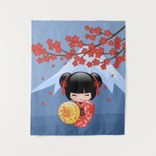 Tenture Poupée Rouge Sakura Kokeshi - Cute Japonaise Geish