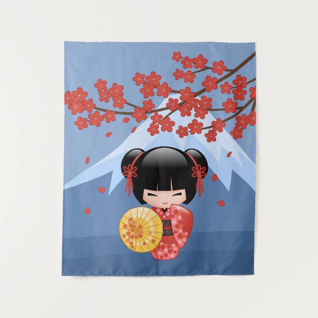 Tenture Poupée Rouge Sakura Kokeshi - Cute Japonaise Geish (Devant)