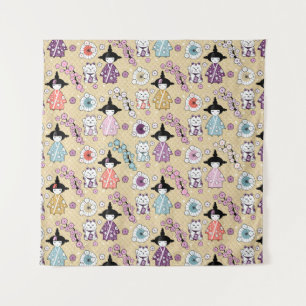 Tenture Poupées japonaises - Chats Kokeshi et Maneki Neko