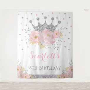 Tenture Princess Blush Floral Argent Couronne Bébé Anniver