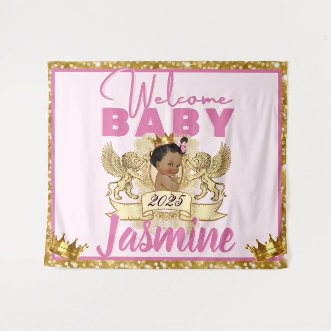 Tenture Princesse Africaine Royale Rose|Fond Pailleté Or (Devant (Horizontal))