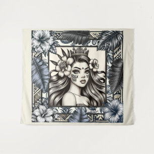 Tenture Princesse polynésienne Bleu Floral Tribal