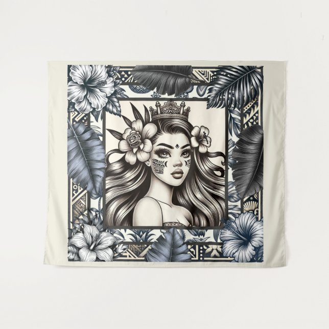 Tenture Princesse polynésienne Bleu Floral Tribal (Devant (Horizontal))