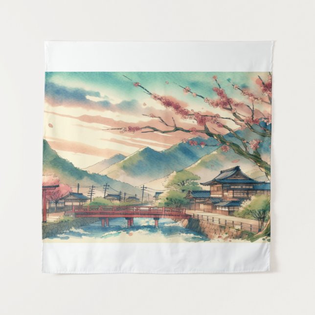 Tenture Printemps dans un paysage aquarelle du village jap (Devant)