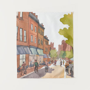 Tenture Promenade à vélo à Boston North End aquarelle MA