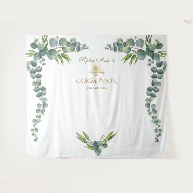 Tenture Prop de communion solennelle Eucalyptus aquarelle  (Devant (Horizontal))