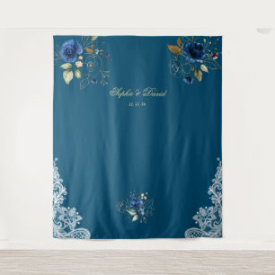 Tenture Prop Mariage vintage en dentelle bleue Florale or