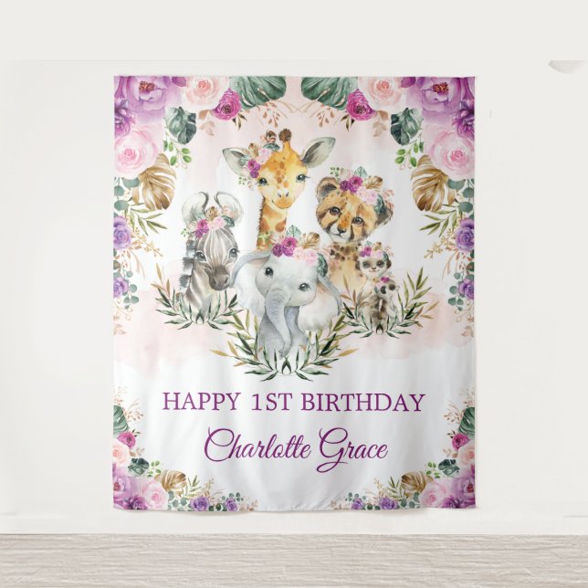 Tenture Purple Blush Jungle Safari Animaux Joyeux Annivers (Devant)