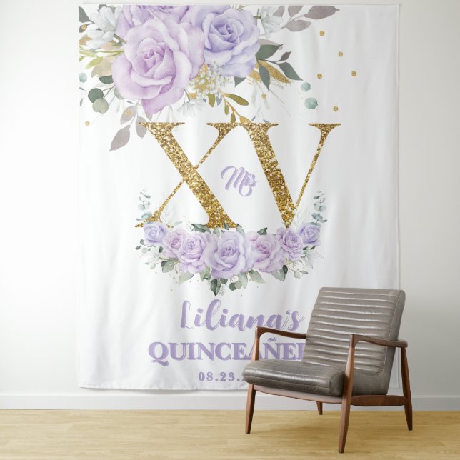 Tenture Purple Lilac Floral XV QUINCEAÑERA Quince fond (En situation)