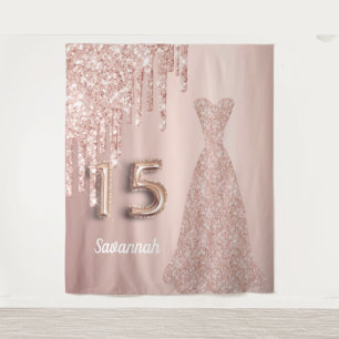 Tenture Quinceanera 15e anniversaire rose or pailleté rose