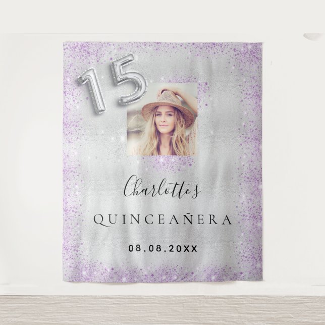 Tenture Quinceanera argent violet parties scintillant phot (Devant)