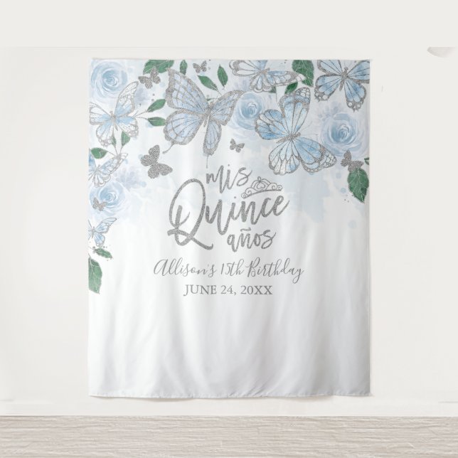 Tenture Quinceanera Bébé Bleu Papillons Floral fond (Devant)
