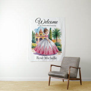 Tenture Quinceañera fille en rose et blanc Affiche de bien