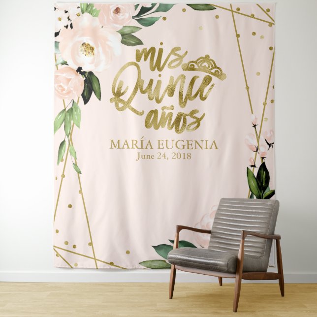 Tenture Quinceanera Gold Foil Blush Rose Floral fond (En situation)