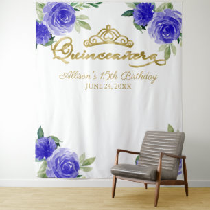 Tenture Quinceanera Gold Foil Tiara Blue Floral Arrière-pl