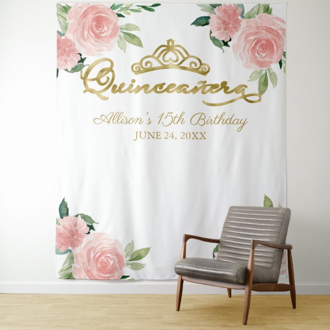Tenture Quinceanera Gold Foil Tiara Rose Floral fond (En situation)